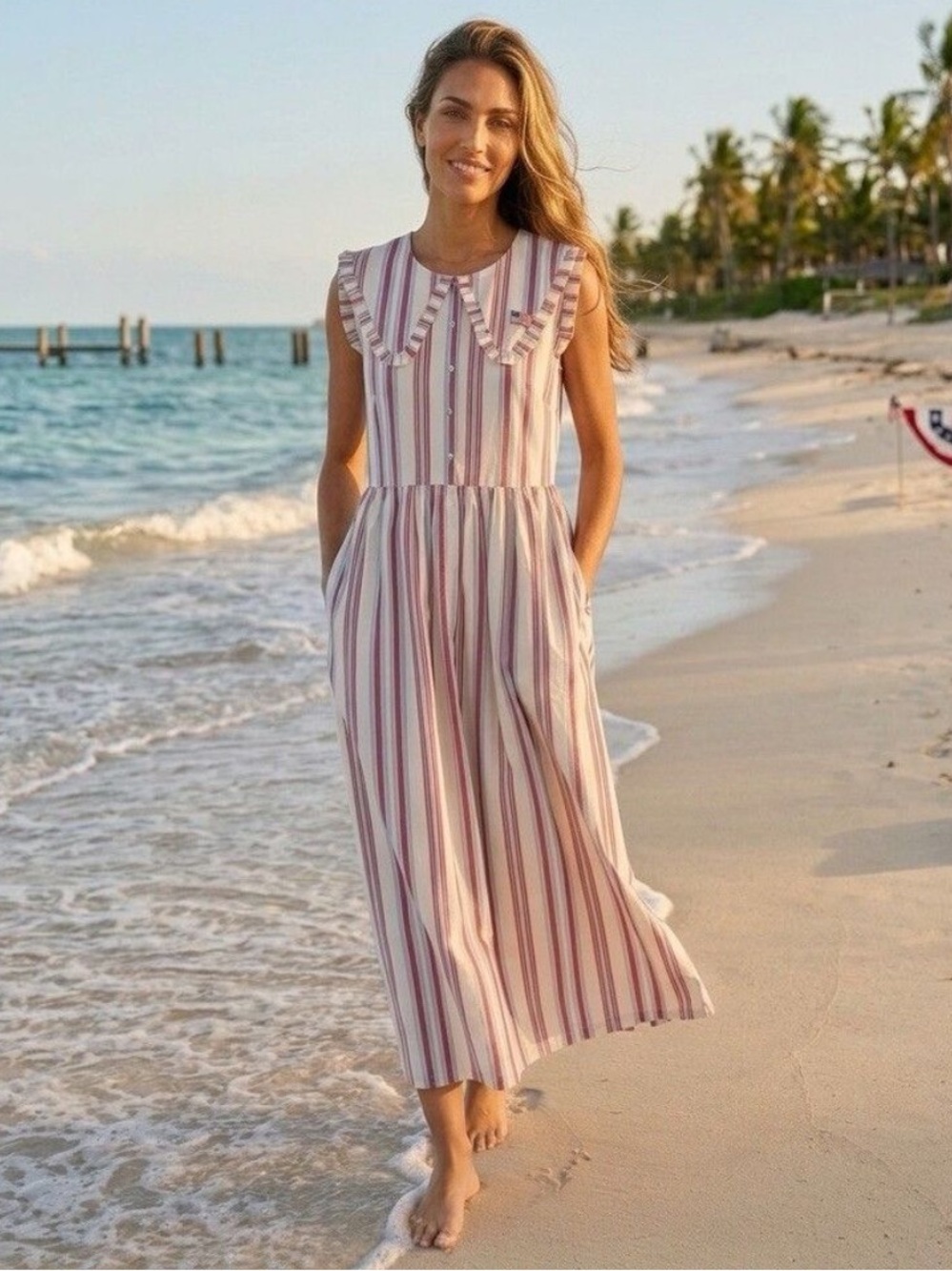 Caroline Constas Striped Ruffle-Collar Maxi Dress Red, White & Blue - Picture 3 of 6
